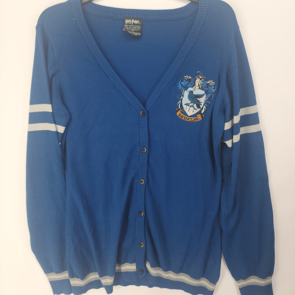 Harry Potter Ravenclaw Button Front Cardigan Sweater Blue White Stripe L
